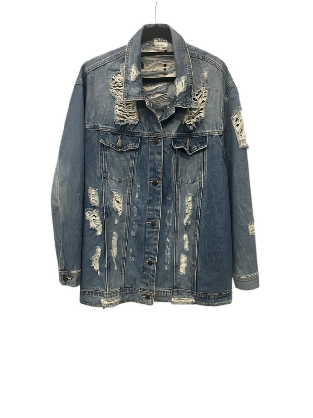 Cello 1X Distressed Oversized Denim Jacket Blue 100% Cotton Ripped Piece